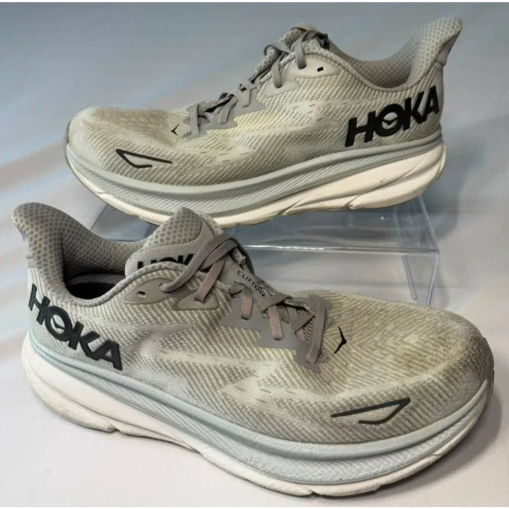 HOKA ONE ONE Clifton 9 Men's Size 12.5 D Running Shoes - Grey / White Pre-Owned